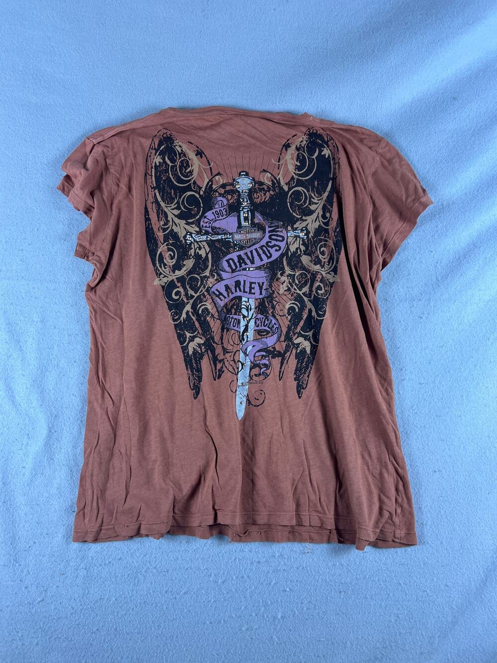 Harley Davidson Top Womens XL Brown Dagger Angel Wings Graphics Grunge Biker Tee